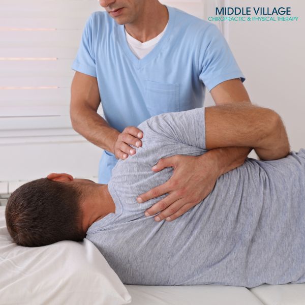 A chiropractor in Forest Hills adjusts a patient's back as they lie comfortably on their side on the treatment table.